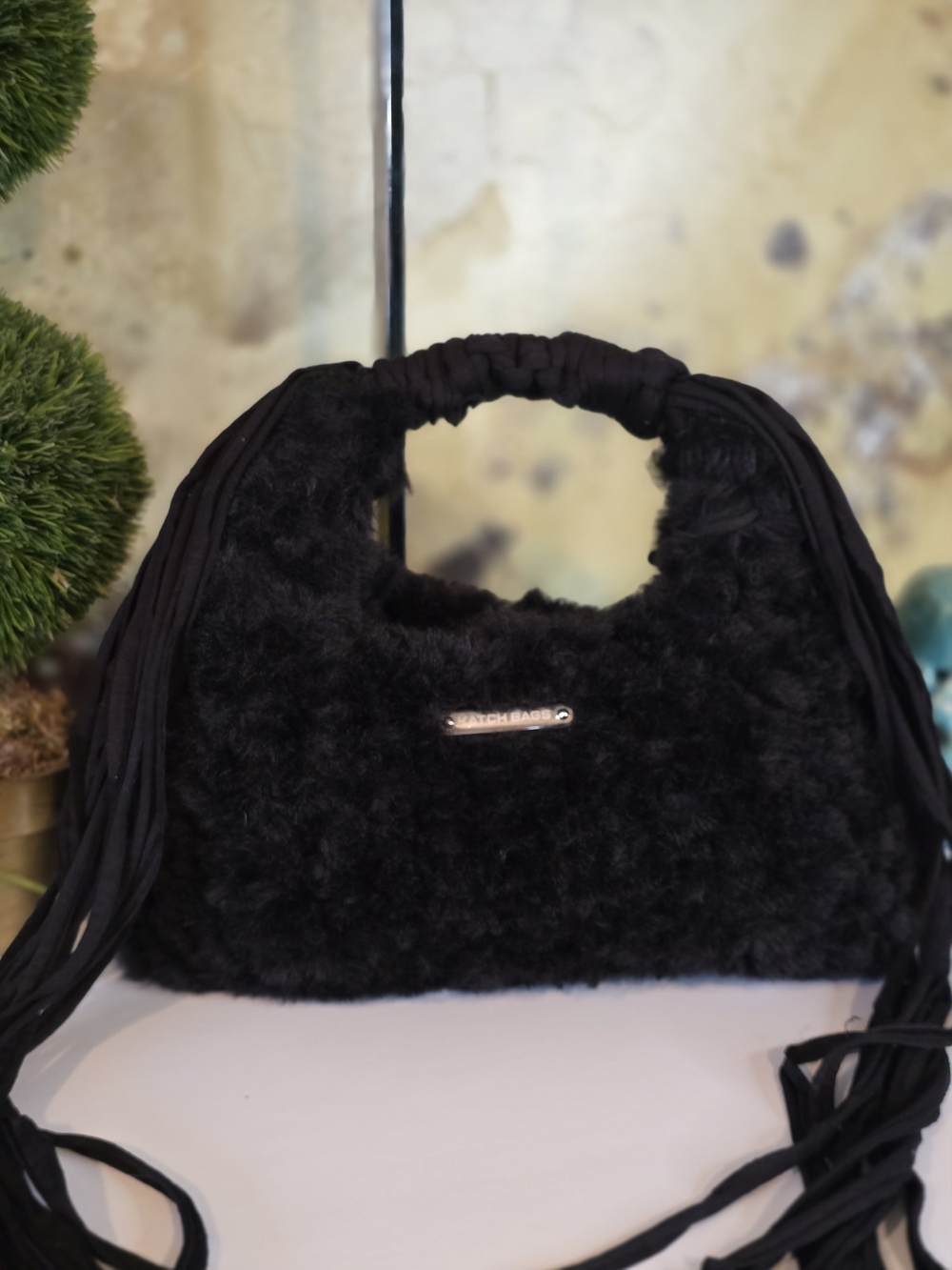 Black Faux Fur "VERSATILE" Shoulder/Hand Bag with Fringe